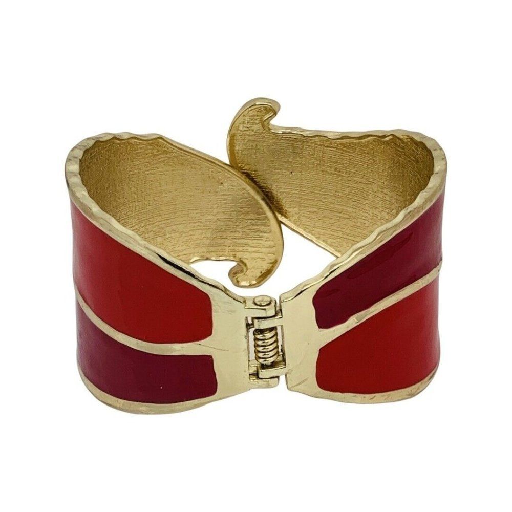 Vintage Pink Red Enamel Gold Tone Swirl Retro Clamper Bangle Bracelet Sz 6.5 - Picture 3 of 6
